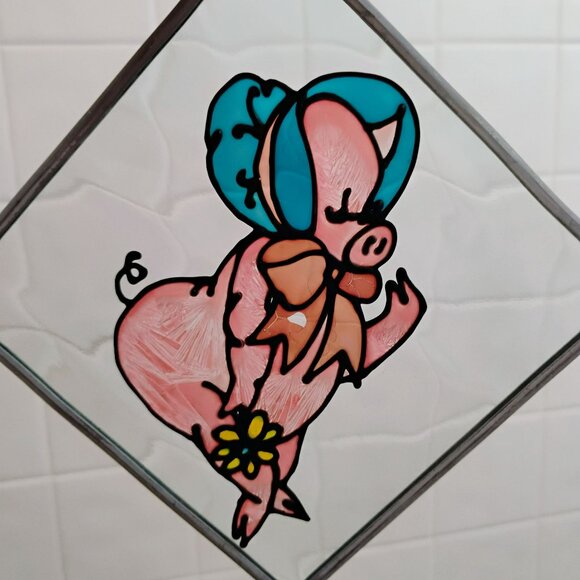 Stained Glass Pig Sun Catcher, Piglet in Blue Bonnet & Orange Bow 5" Suncatcher - Picture 2 of 6